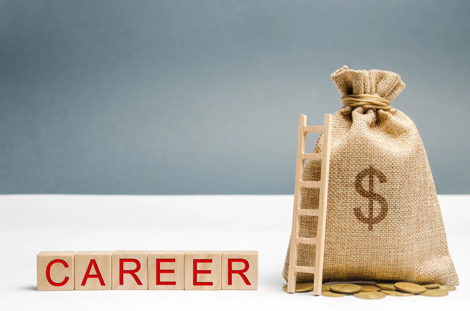 Wooden blocks with the word Career, money bag and ladder. Self-development and leadership skills.