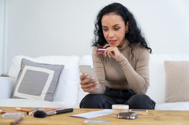Young happy woman buy product by online shopping with crucial security