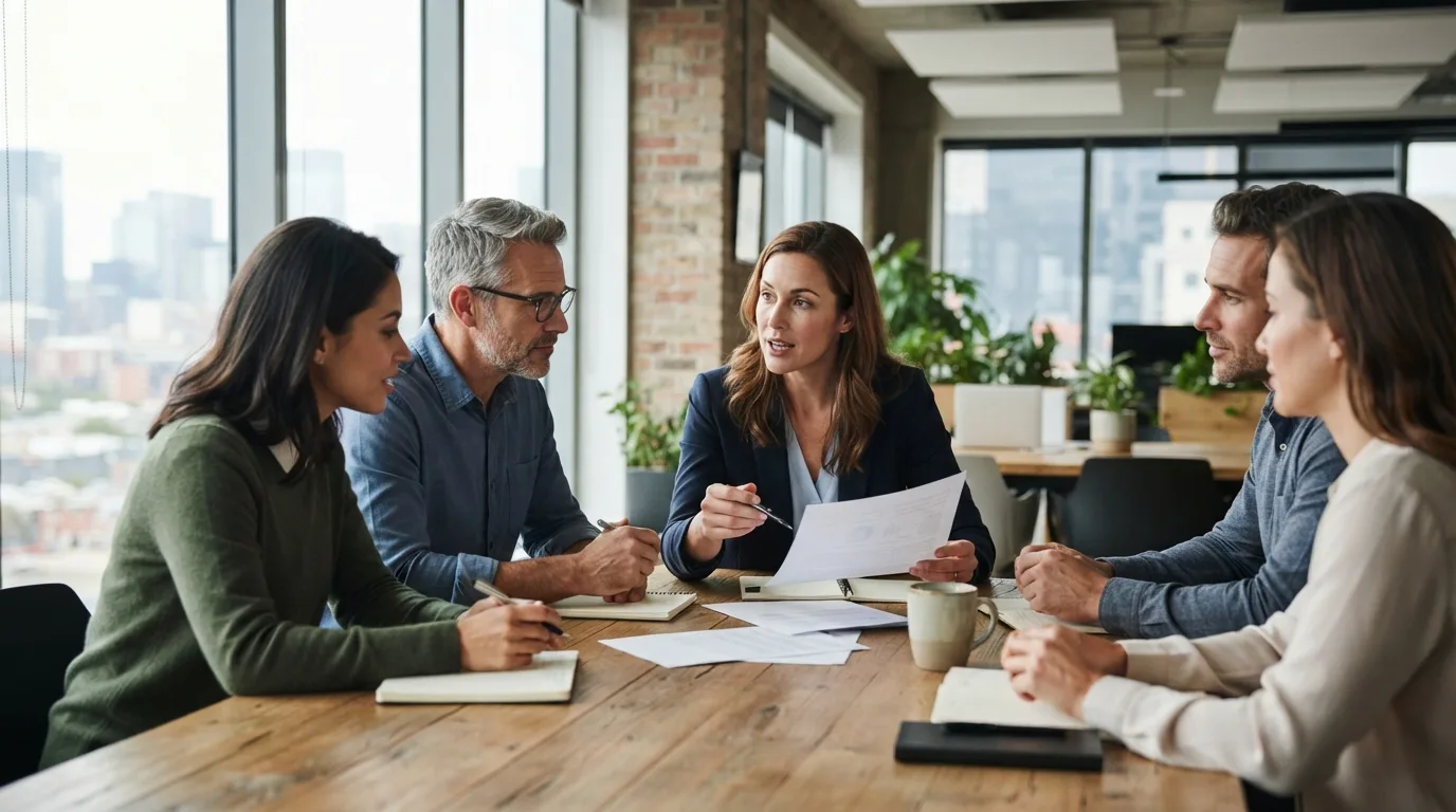 a group of professionals in a meeting room discussing papers