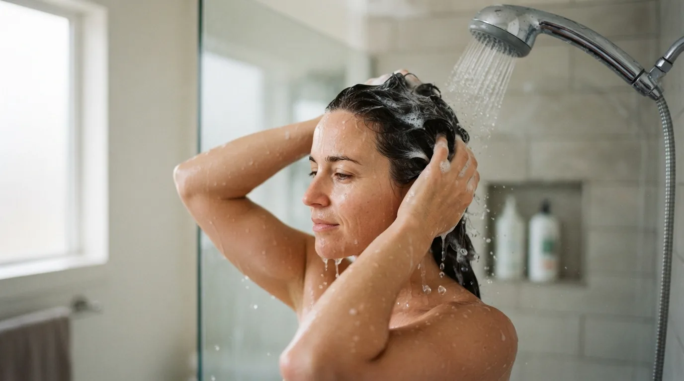 a woman washing her hair in a shower