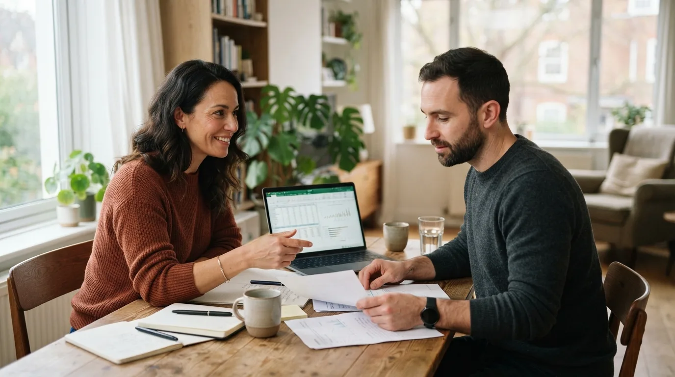 a couple sitting at a table with a laptop and documents