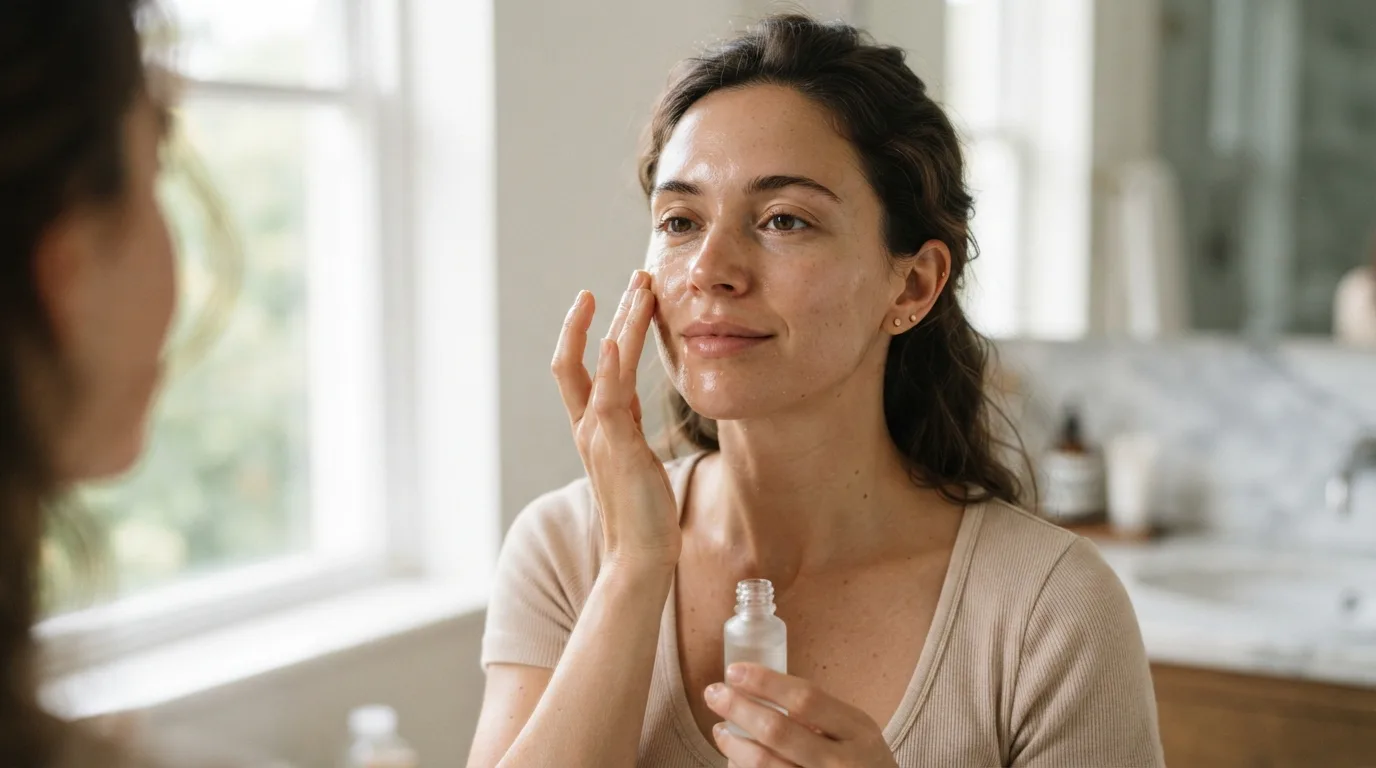 a woman applying serum to her face