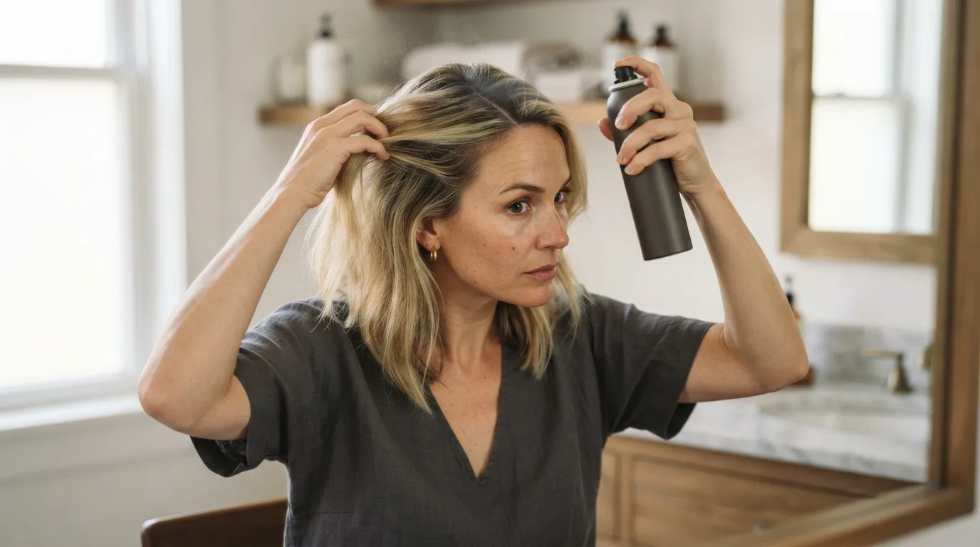 a woman touching up her blonde hair roots with a spray