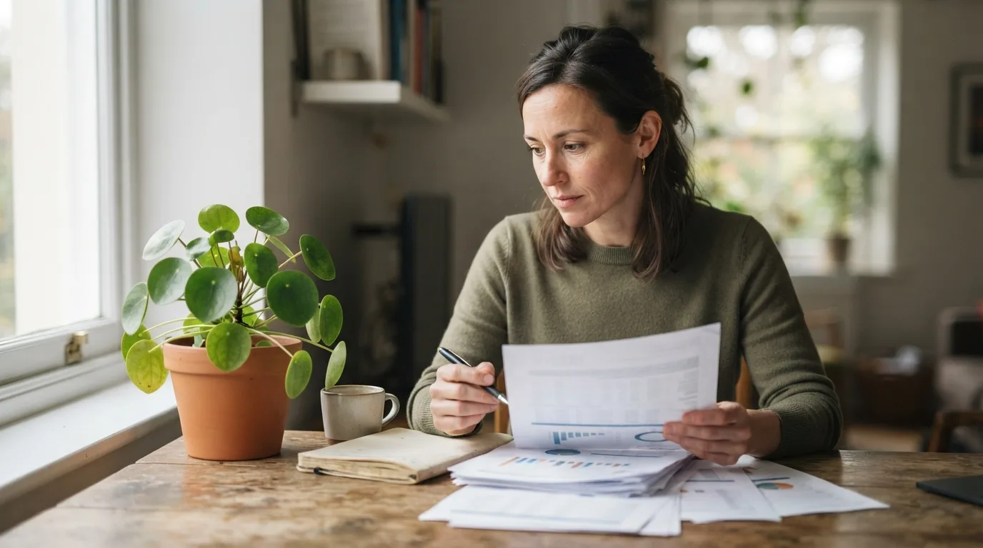 a person reviewing financial documents with a green plant on the desk