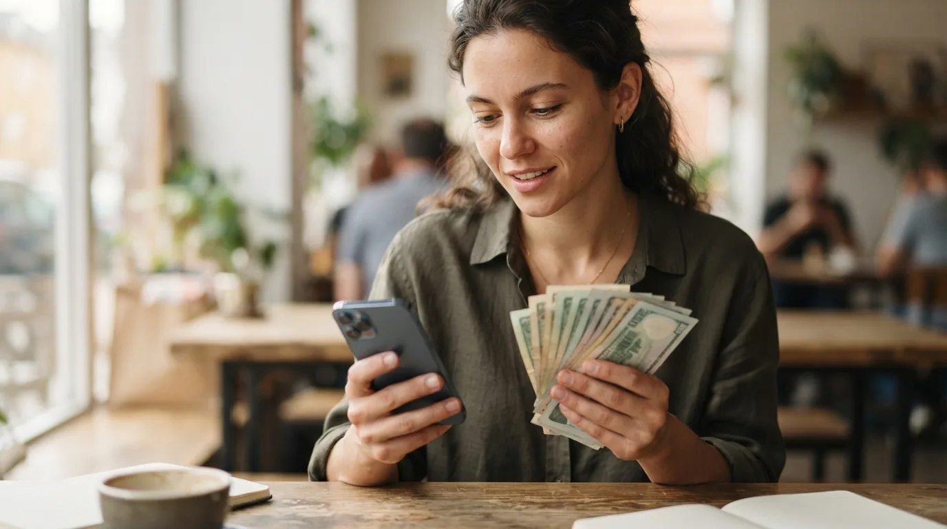 a person holding banknotes and a smartphone