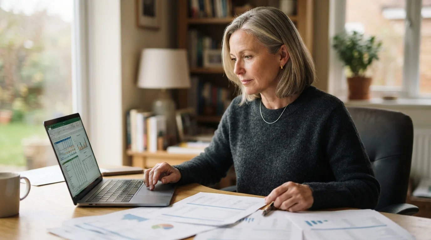 a woman in her 50s looking at financial documents or a laptop