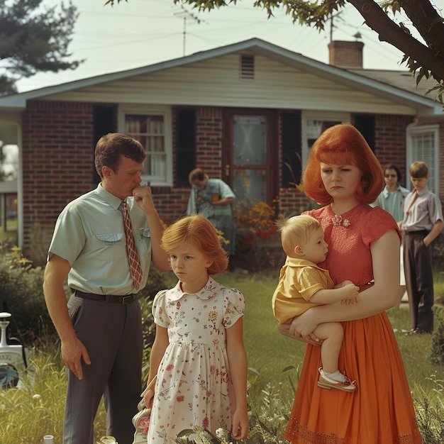 a family stands in front of a house with a woman and two children