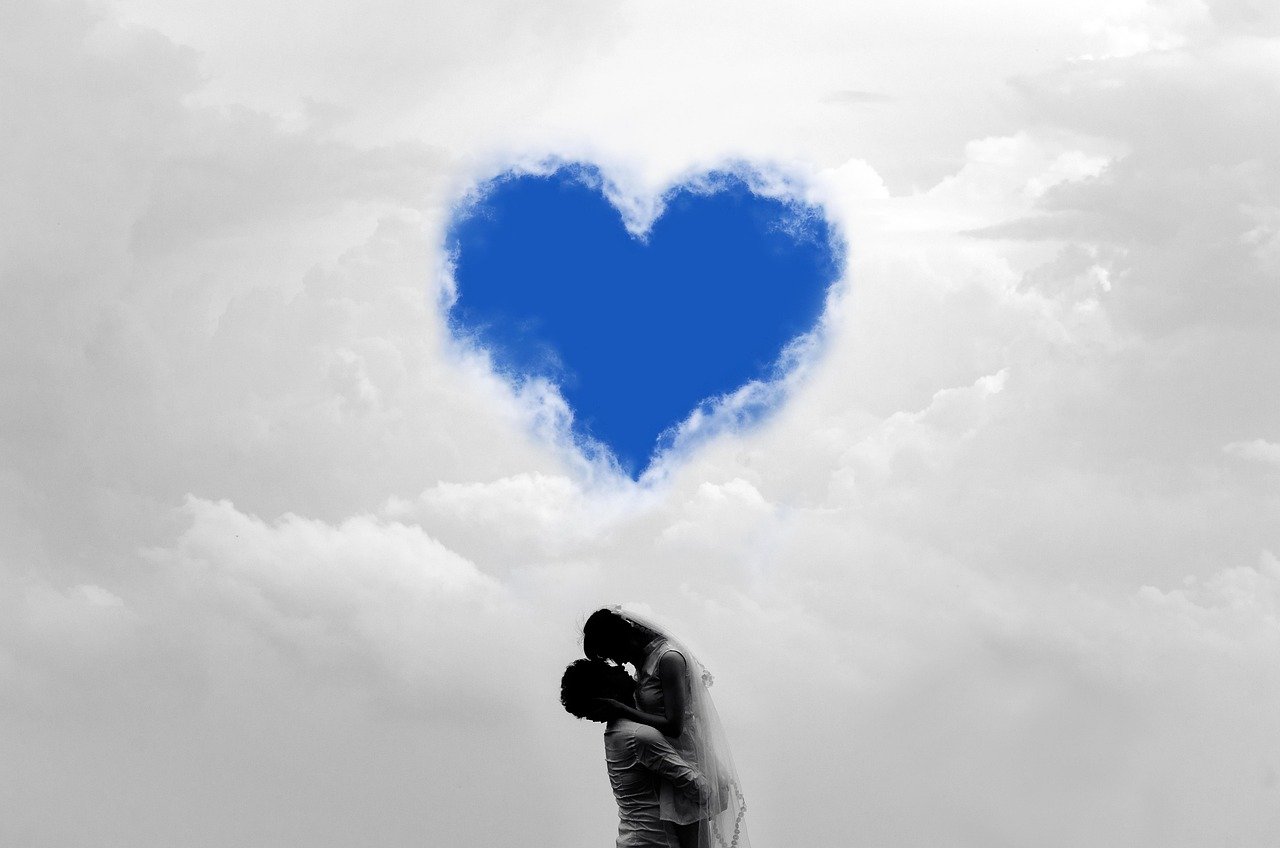 pair, a heart, clouds, human, woman, together, love, sky, day, people, female, nature, man, girl, young, romantic, romance, valentine, happy, beautiful, design, art, silhouette, heart cloud, white, women