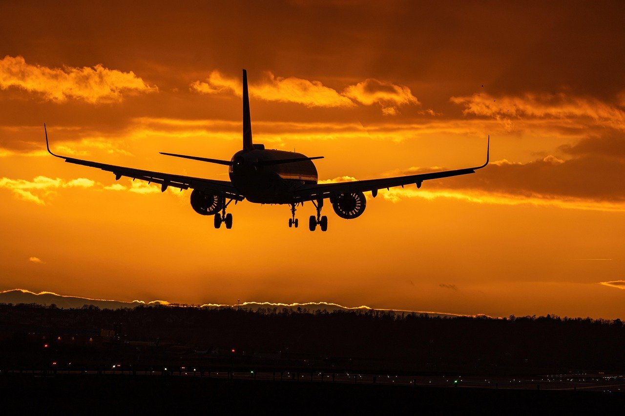 plane, nature, airport, transportation, engine, dusk, sunset, travel, freedom