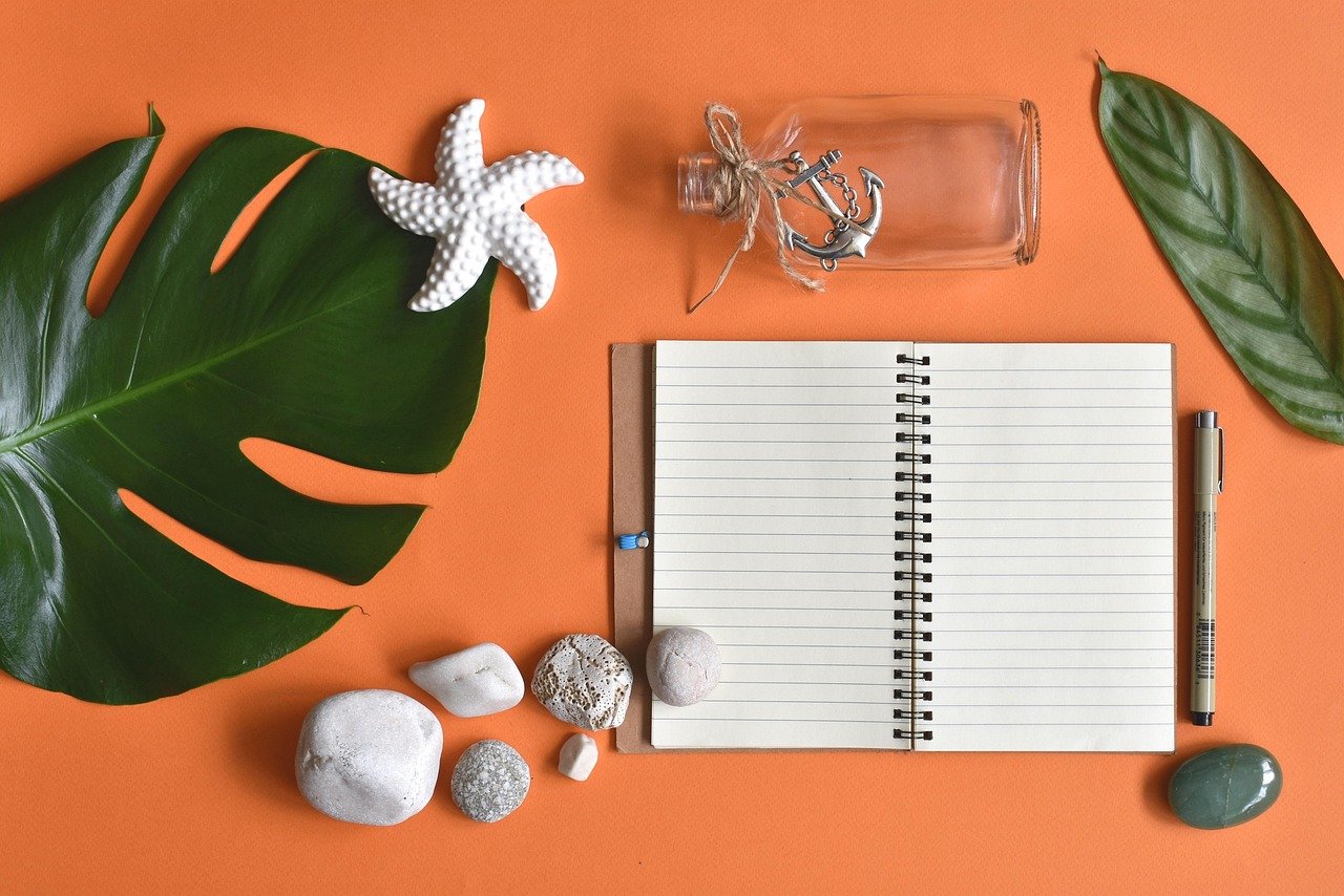 summer, pebbles, nature, beach, notebook, holiday, flat lay, orange beach, orange laptop, orange summer