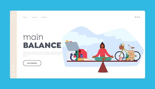 Main Balance Landing Page Template Woman Sitting on Scales in Meditation Pose Weighing Her Options Vector Illustration