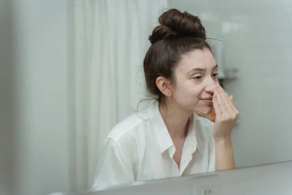 Woman applying face cream in bathroom, focusing on skincare routine with natural reflection in mirror.