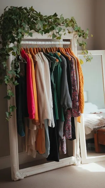 Stylish clothing rack adorned with colorful attire and greenery in a cozy bedroom setting