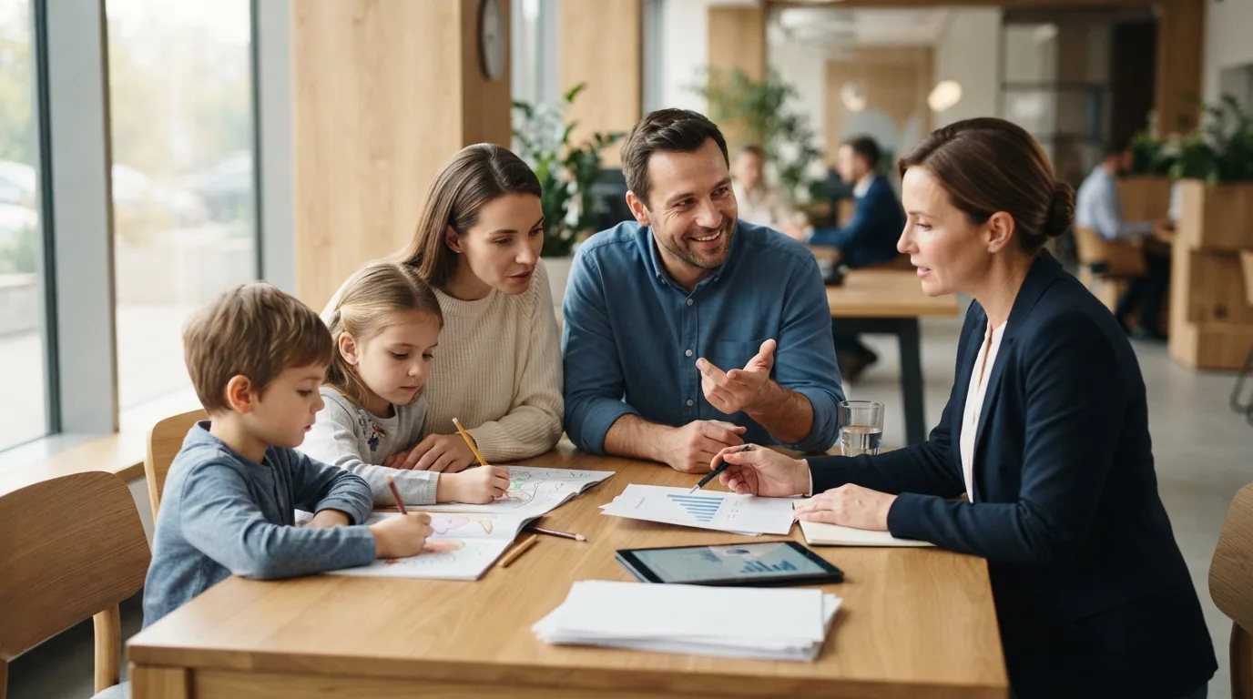 a family meeting with a bank advisor at a desk