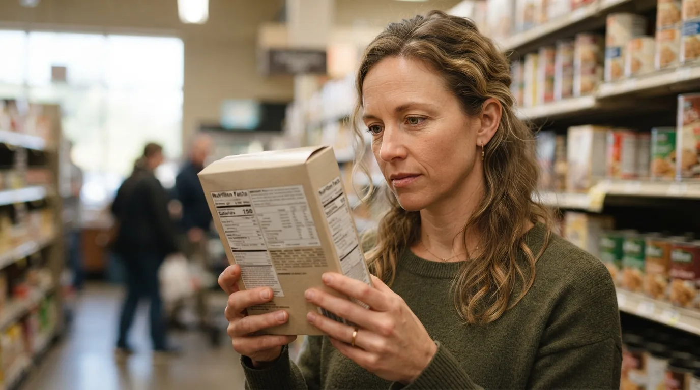 a woman reading a nutrition label on a food package