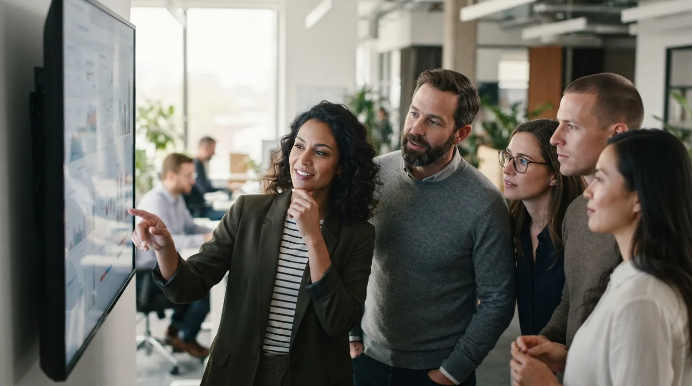 employees looking at a digital display in an office