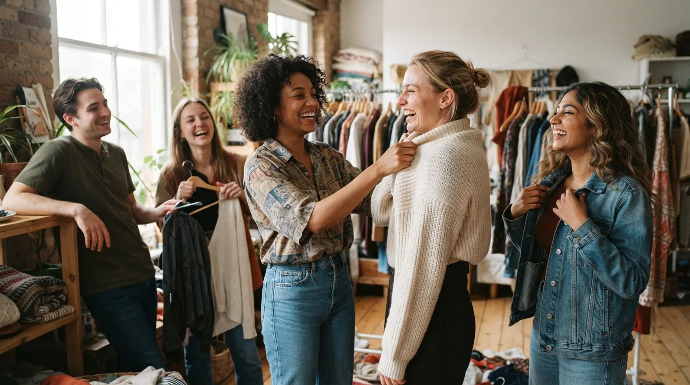 a group of friends exchanging clothes and laughing together