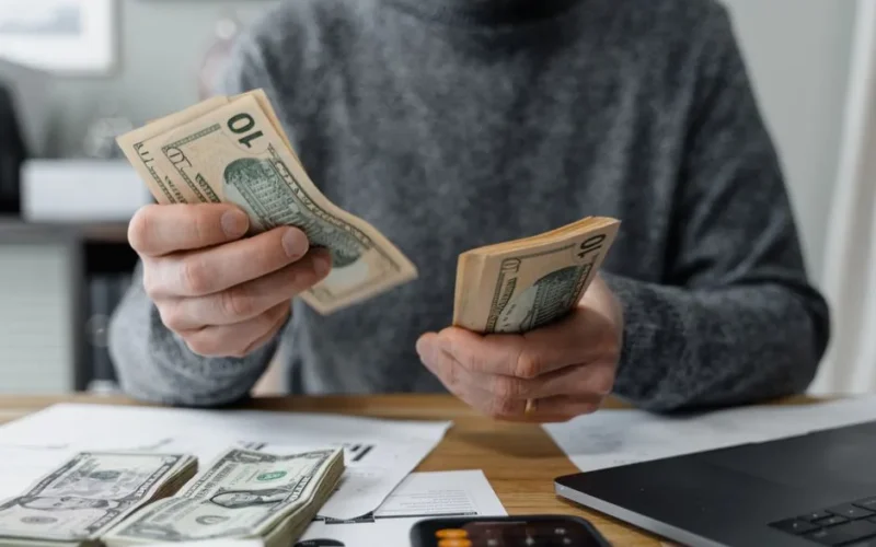 Close-up of person counting cash with a calculator and paperwork on a desk.