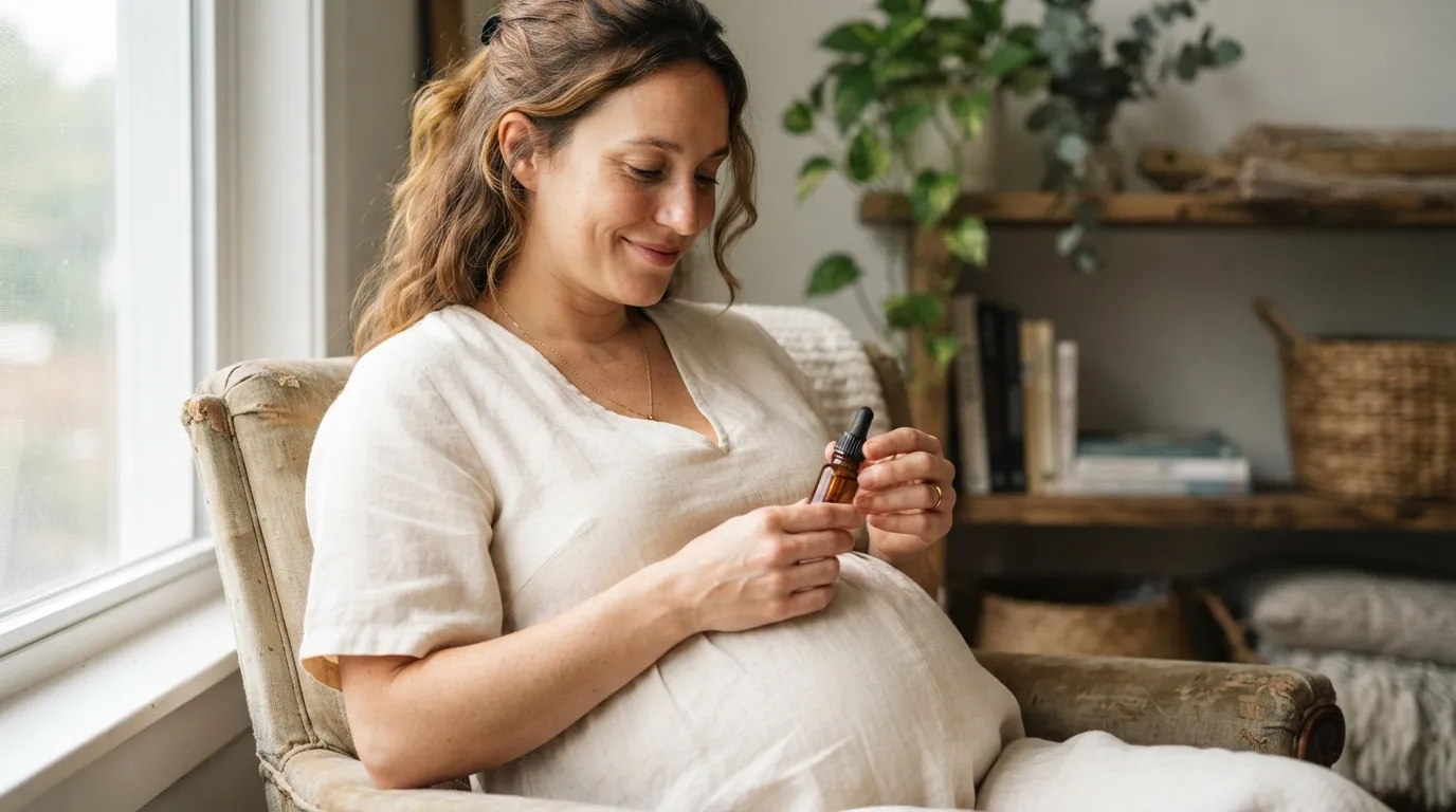 a pregnant woman with a small bottle of essential oil