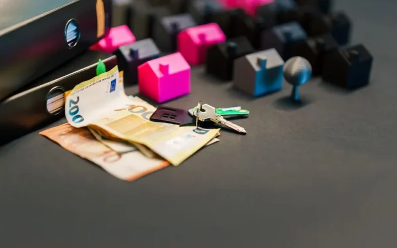 Miniature houses, euro bills, and a house key symbolize real estate investment and property transactions.