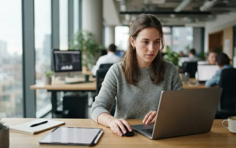 a person working at a desk with smart devices and a modern office interior