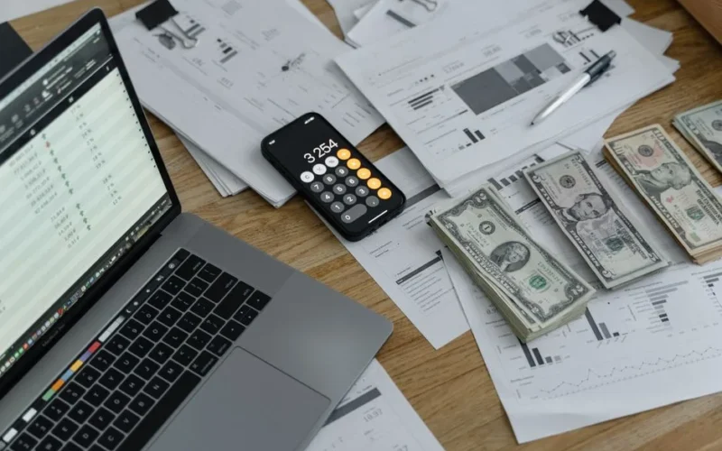 A desk with financial documents, currency, a laptop, and phone calculator.