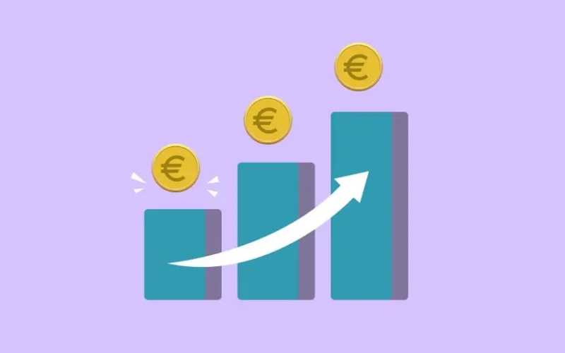 Vector illustration of income growth chart with arrow and euro coins against purple background