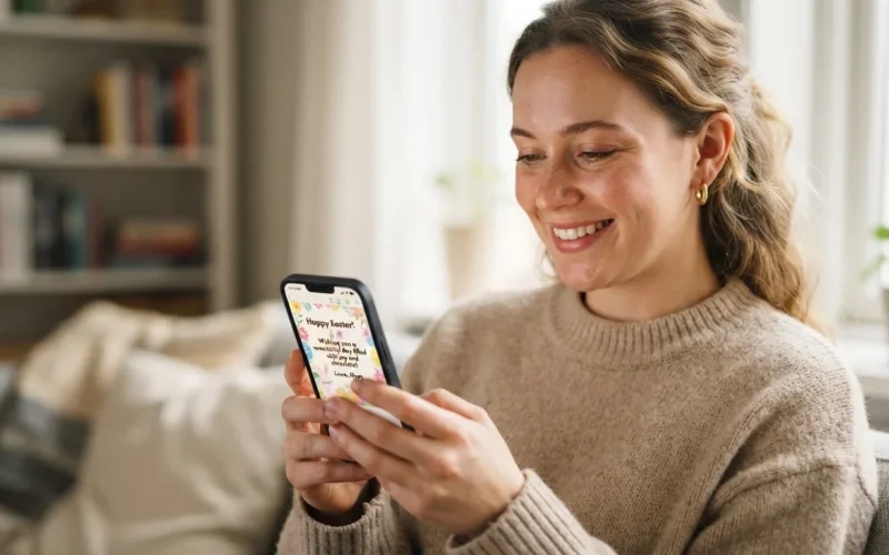 a person holding a smartphone with an Easter greeting on screen