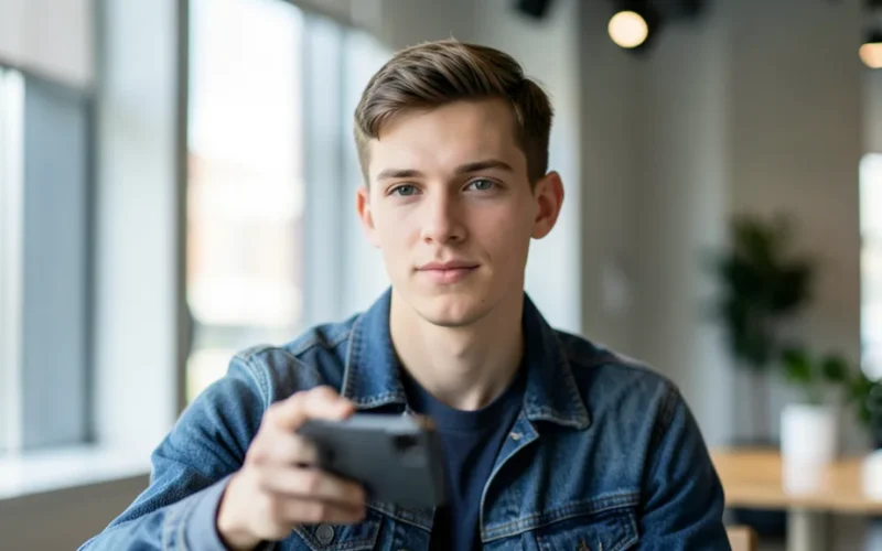a young Polish male vlogger or influencer in a modern setting