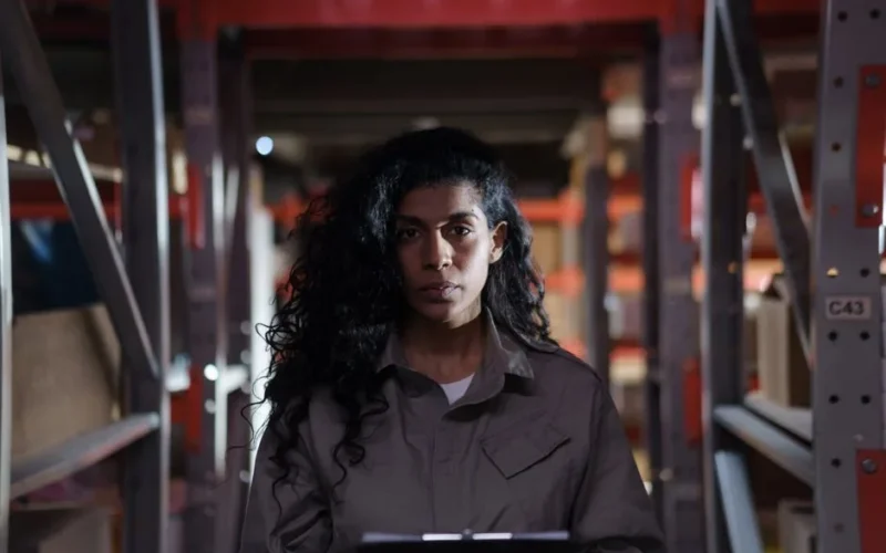 A woman holding a clipboard in a dimly lit warehouse aisle, focused on inventory management.
