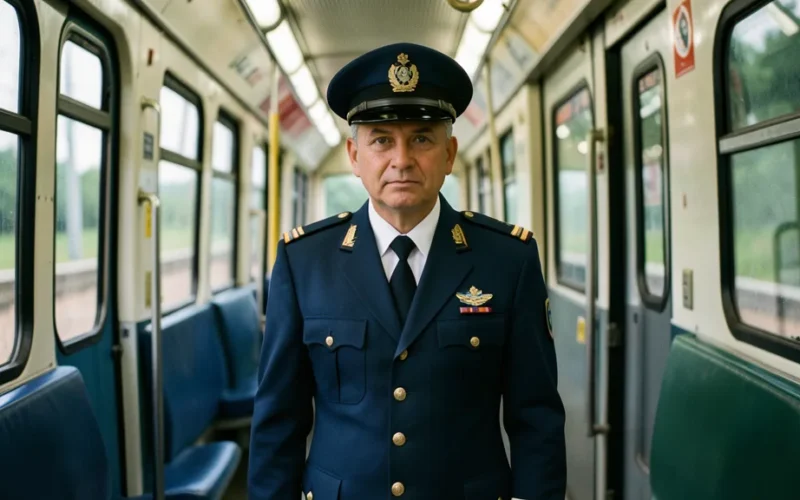 a train conductor in uniform, inside or near a Polish train