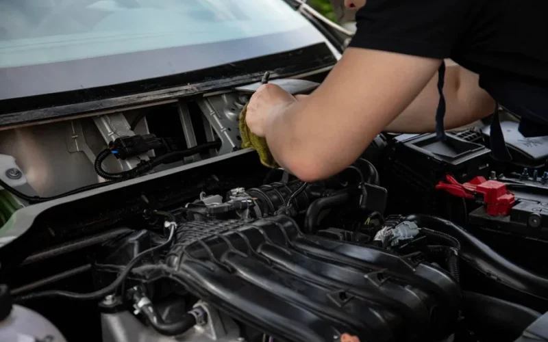 A close-up of a mechanic working on a car engine in a modern auto repair shop.