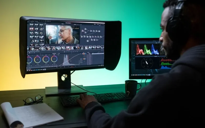 Man editing footage on dual monitors in a modern studio setting.