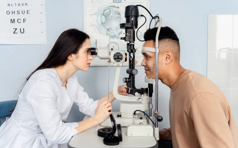 Professional eye examination conducted by an optometrist using modern equipment with a patient.