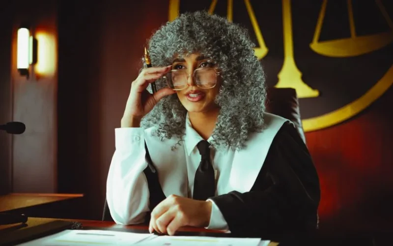 An elegant judge in robes sits at a desk in a courtroom, poised and authoritative.