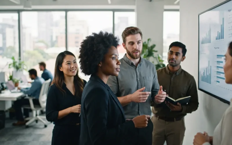 employees looking at a large digital screen in a modern office