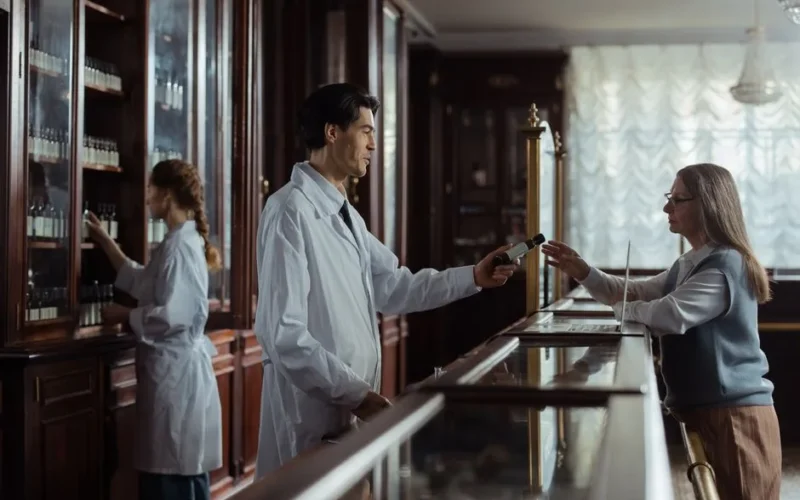 A pharmacist hands medication to a customer at a classic vintage pharmacy counter.