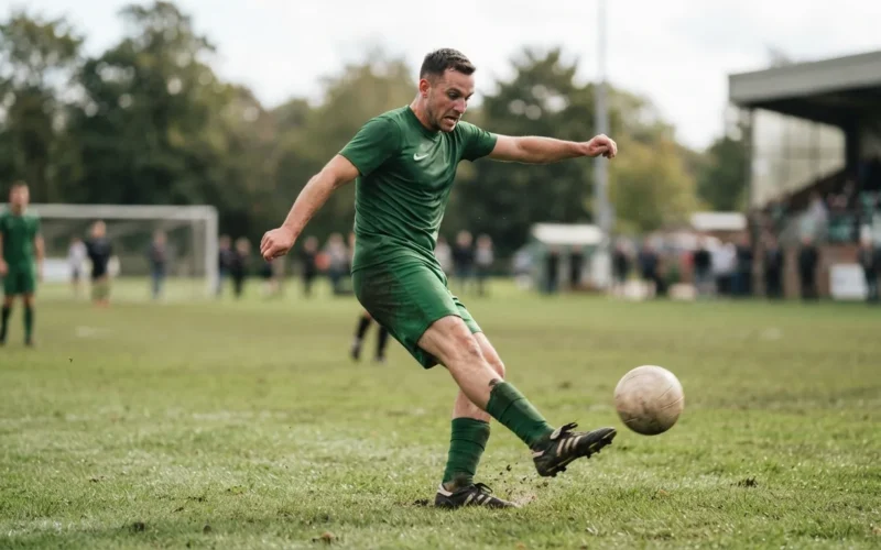 a man in a football kit kicking a ball on a grass field