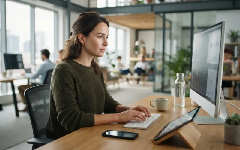 a person working in a modern office with smart devices