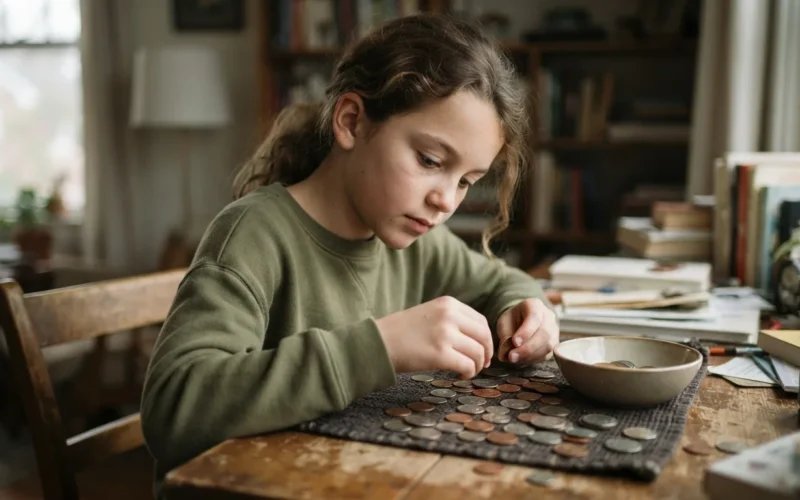 a young girl counting coins at a desk