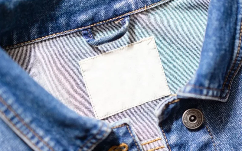 Close-up shot of a denim jacket's collar featuring a blank white tag and detailed stitching.