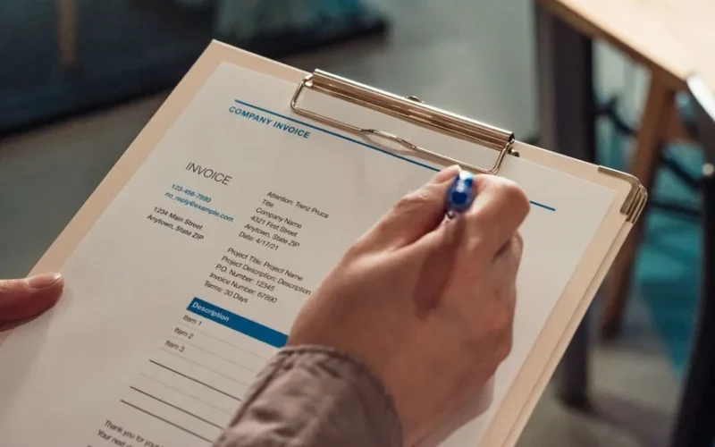 Person's hand holding a company invoice on a clipboard with a pen.