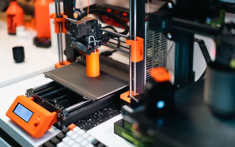 3D printer operating in a workshop, creating a prototype with orange accents.