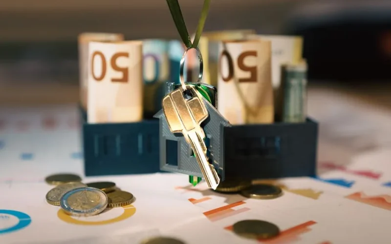 Keys hanging with money and charts, symbolizing real estate investment and financial planning.