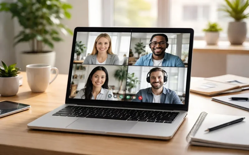 praca zdalna, spotkanie online, współpraca zespołowa, rozmowa wideo, ekran laptopa, komunikacja cyfrowa, biuro domowe, ustawienie biurka, wielozadaniowość, praca na odległość, komunikacja, produktywność, współpracownicy, technologia, wirtualne rozwiązanie, profesjonalny, korporacyjny, roślina biurkowa, praca biurowa, wideokonferencja
