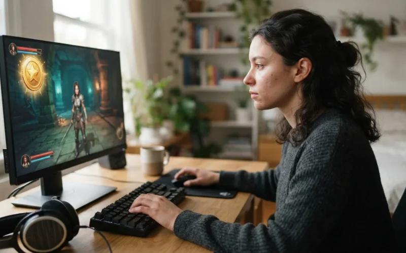 a person playing a computer game with a coin icon on screen