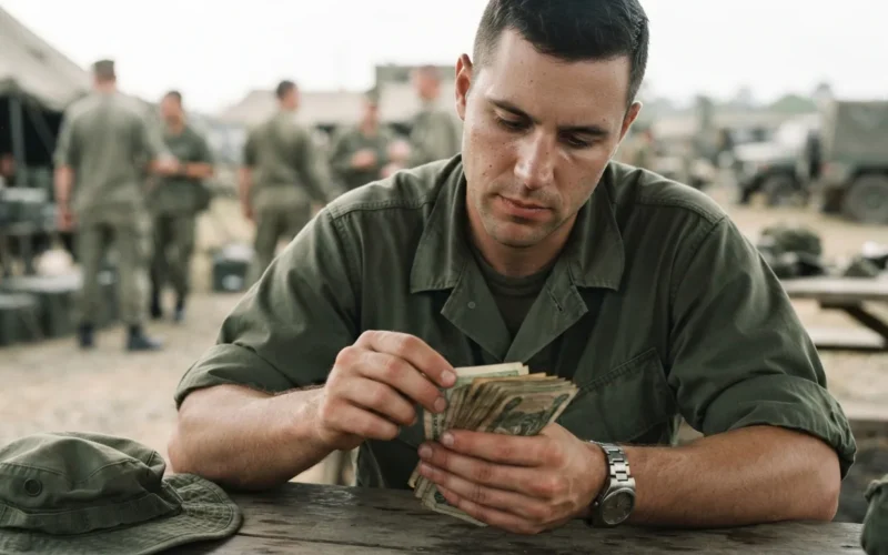 a soldier in uniform counting money
