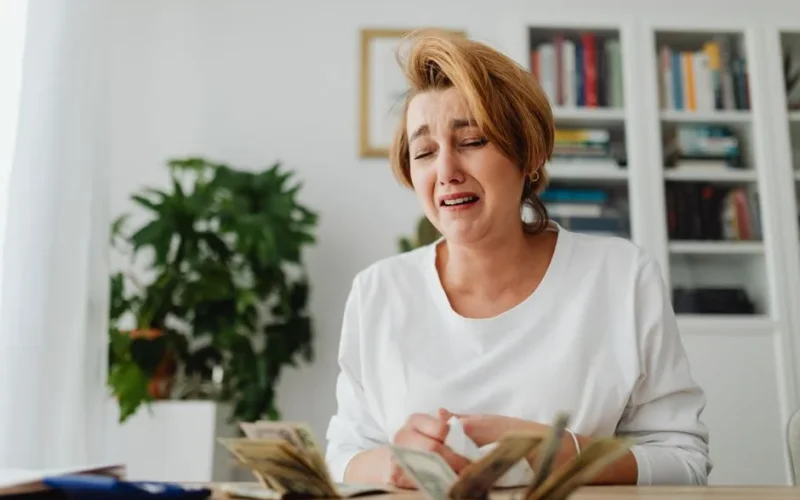 A distressed woman counts cash at a desk with a pained expression, highlighting financial strain.