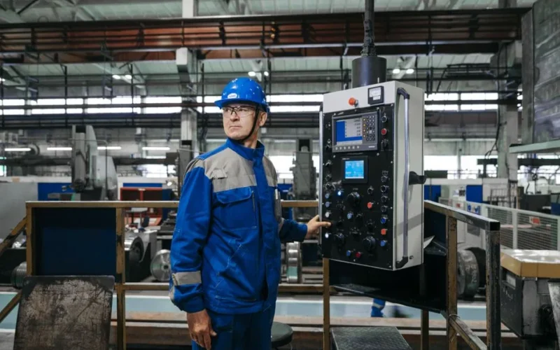 Male factory worker in protective gear operates machinery indoors.