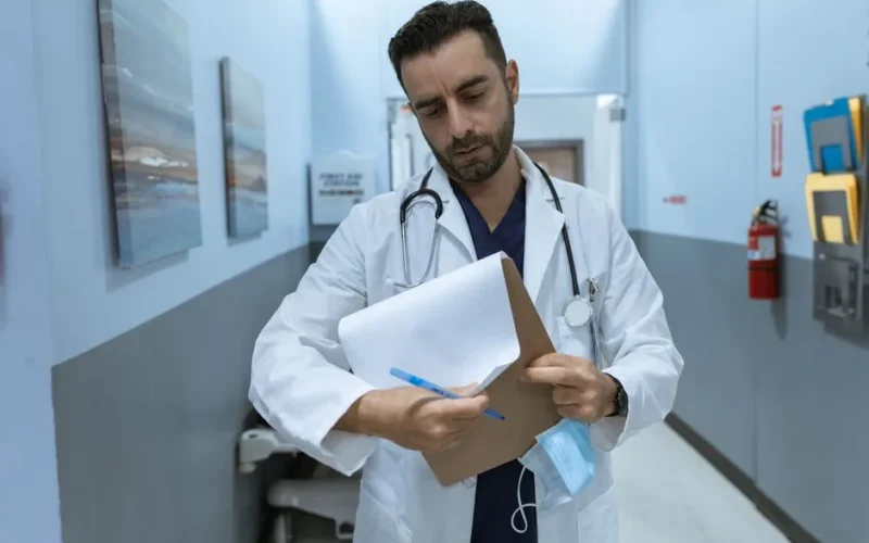 A doctor in a lab coat reviews a medical chart in a hospital hallway.